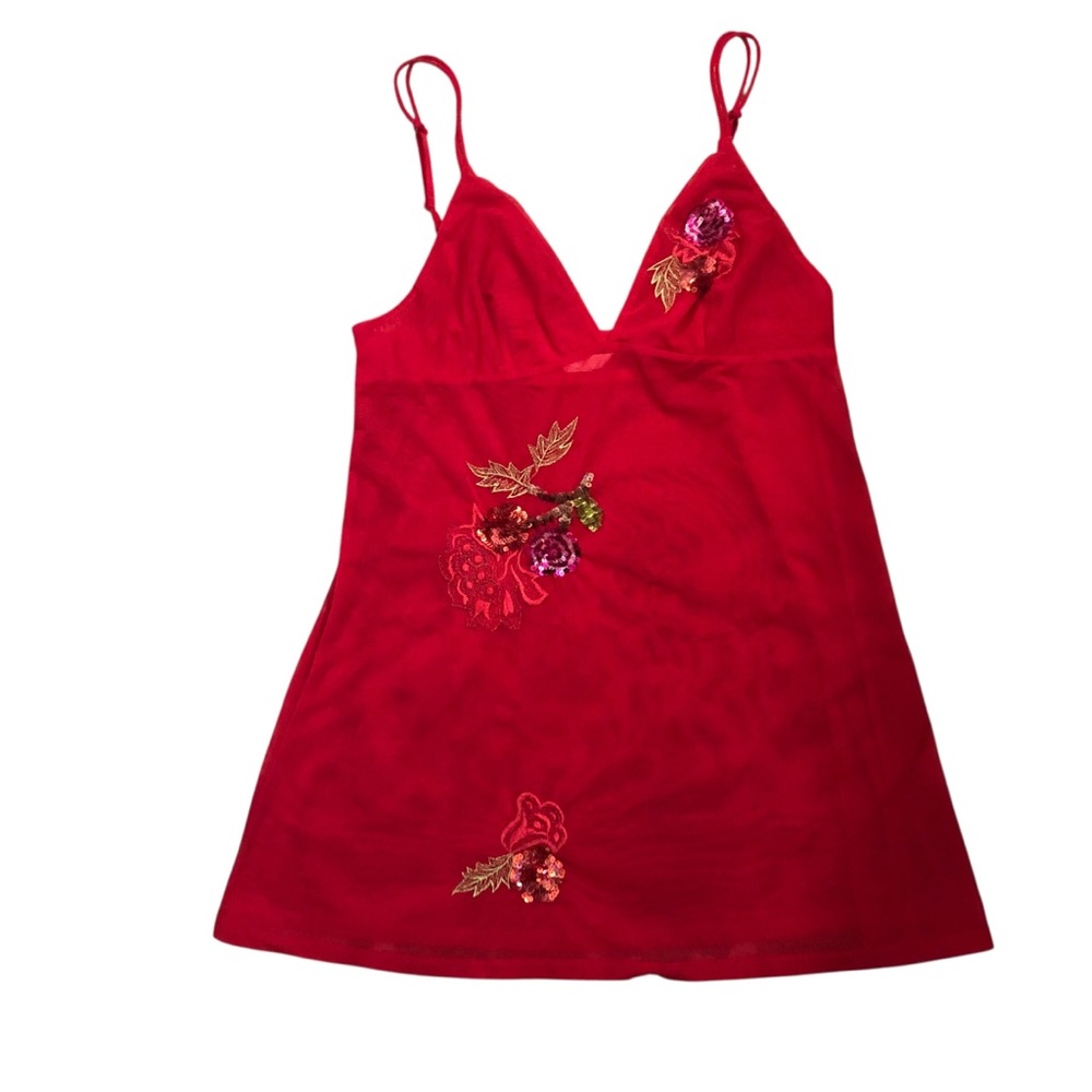 Y2K Victoria's Secret Red Mesh Slip Dress with Embroidery & Sequins Size M Glam